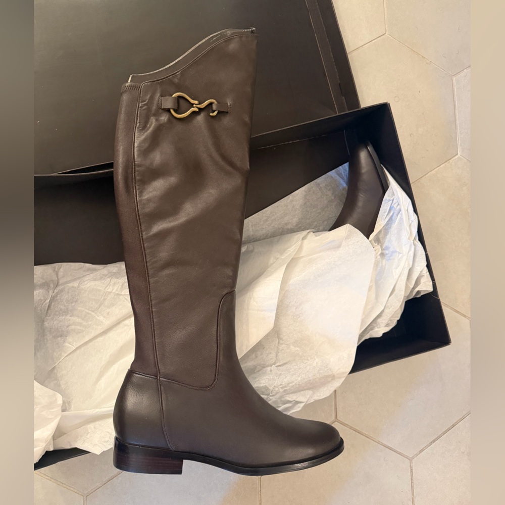 Cole Haan Dark Brown Leather Over-the-Knee Riding Boots with Gold Accent